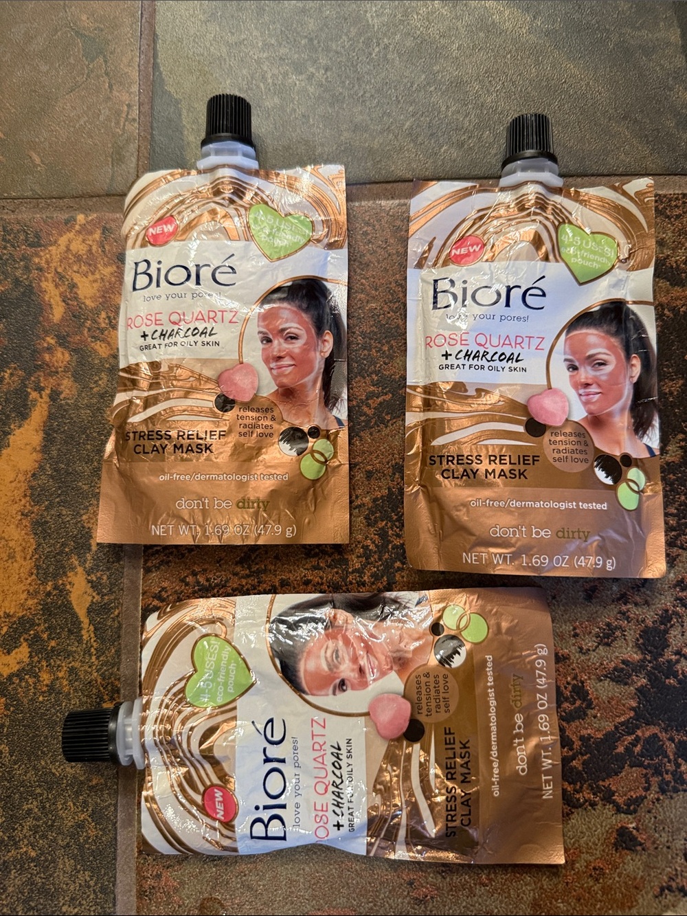 Biore Rose Quartz + Charcoal Stress Relief Clay Mask – 3 Pack, New